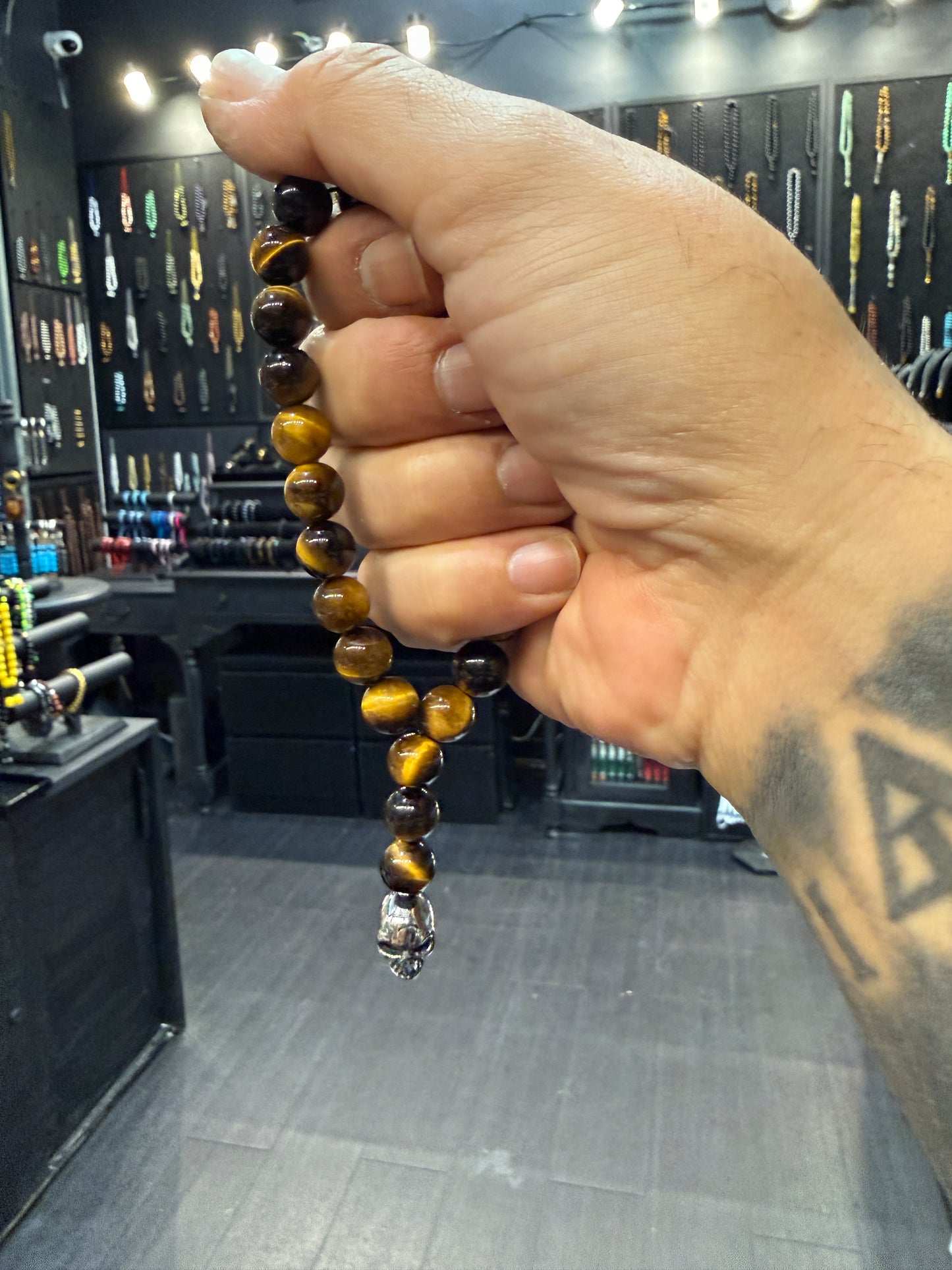 Tigers Eye & Stainless Steel Skull Worry Beads