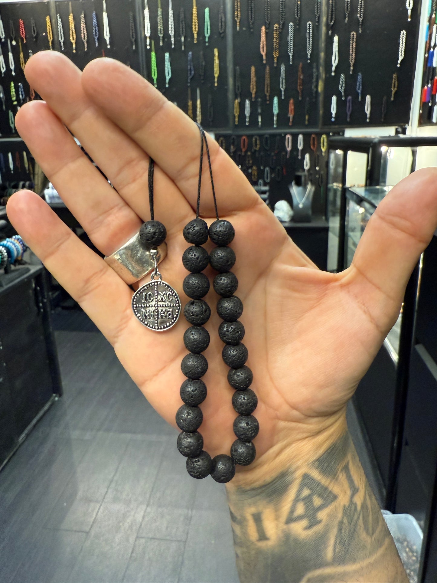 Volcanic Lava Komboloi / Worry Beads w/ICXC NIKA pendant