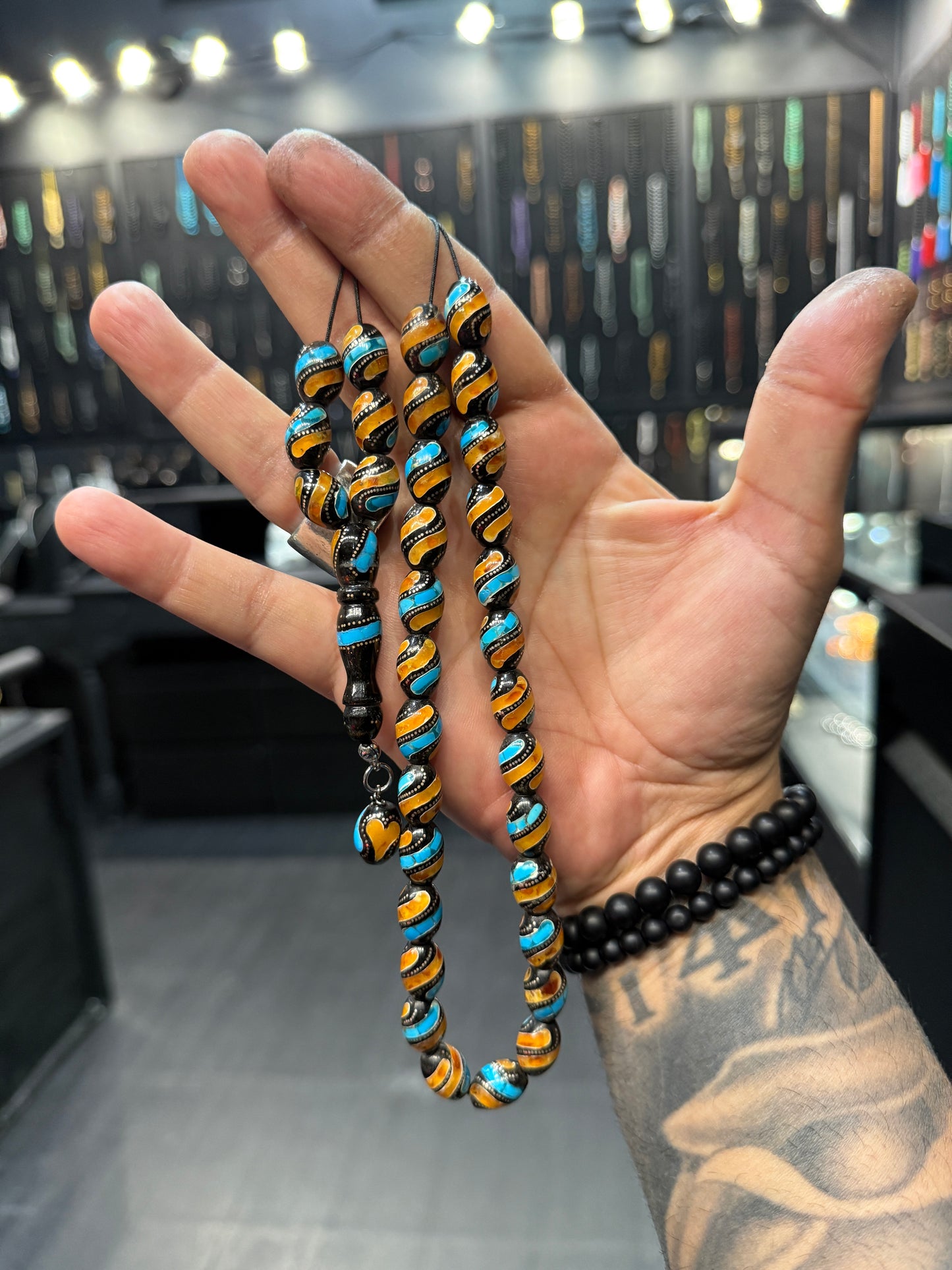 Yusuri Komboloi (Black Coral with Amber & Turquoise Inlay)