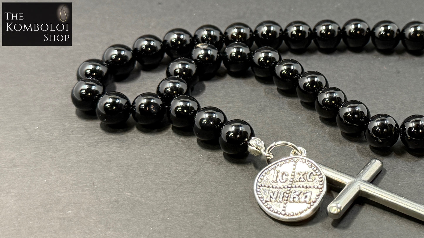 Onyx 33 Bead Orthodox Prayer Beads with Stainless Steel Cross & ICXC NIKA