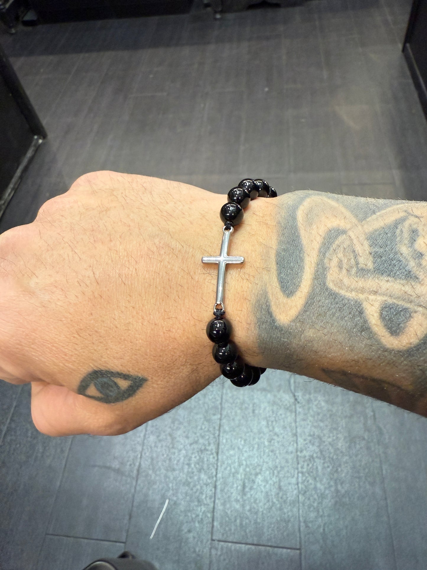 Onyx & Stainless Steel Cross Protection Bracelet