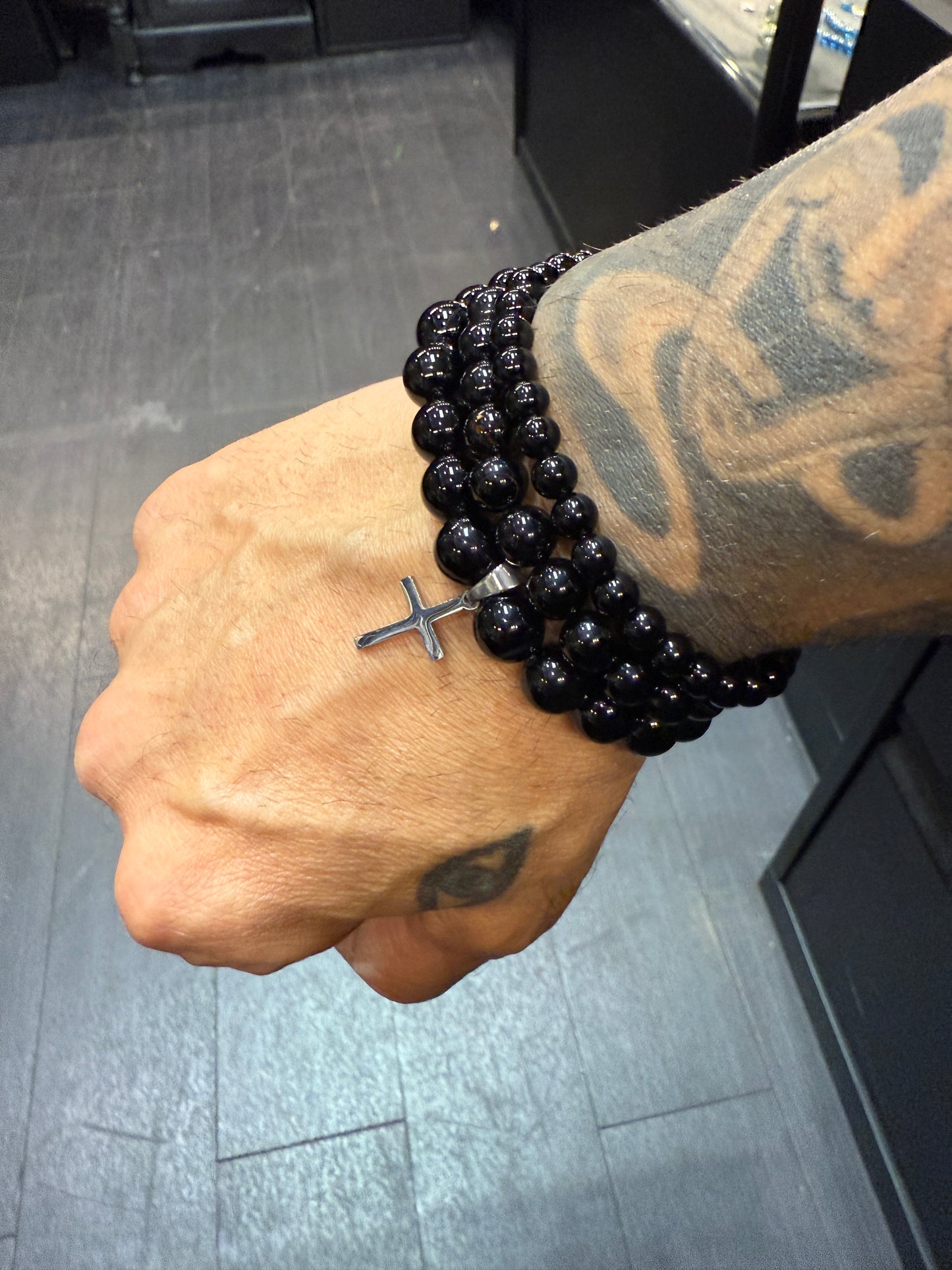 Onyx Triple Bracelet Stack w/Stainless Steel Cross