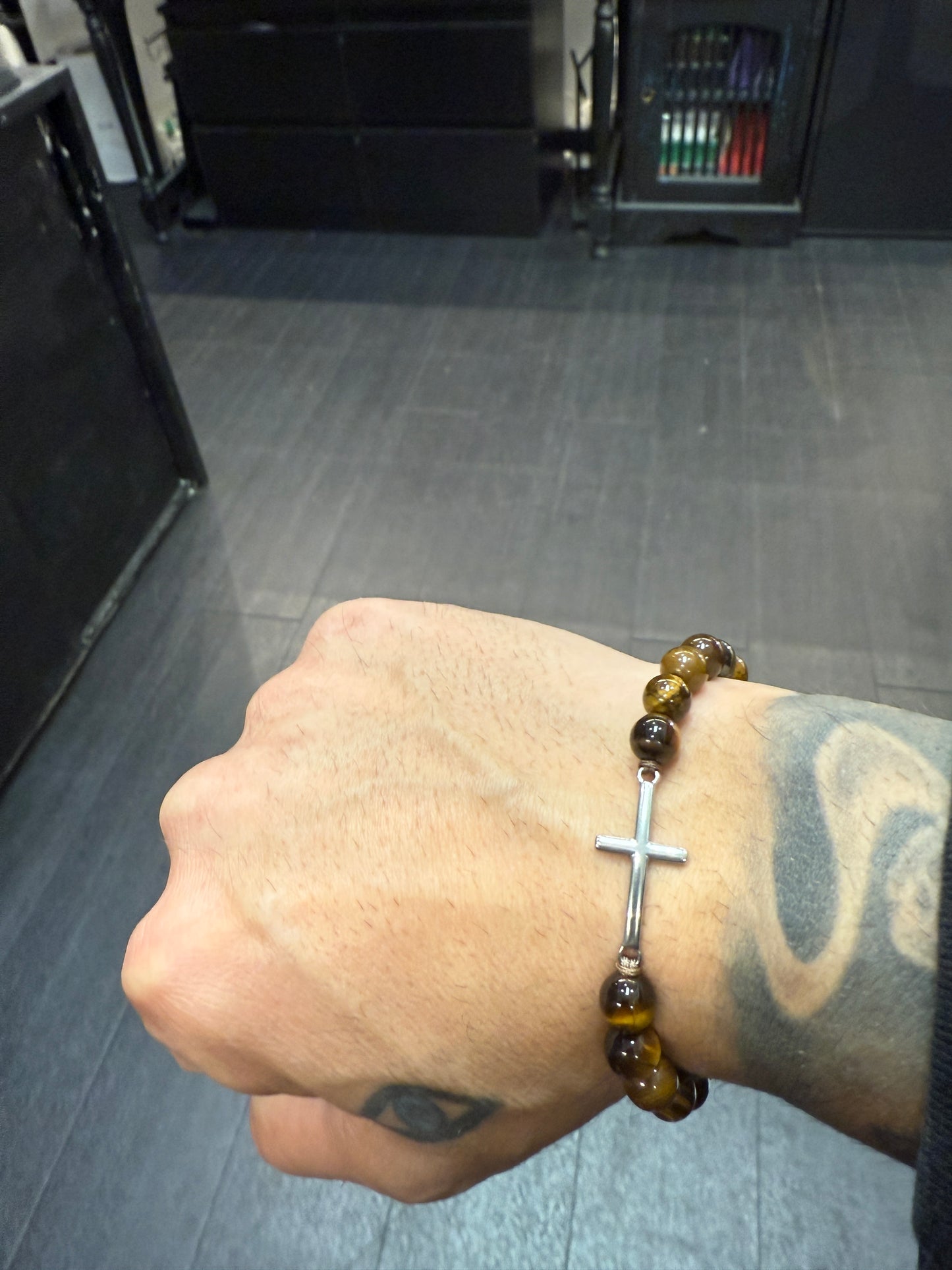 Tigers Eye & Stainless Steel Cross Protection Bracelet