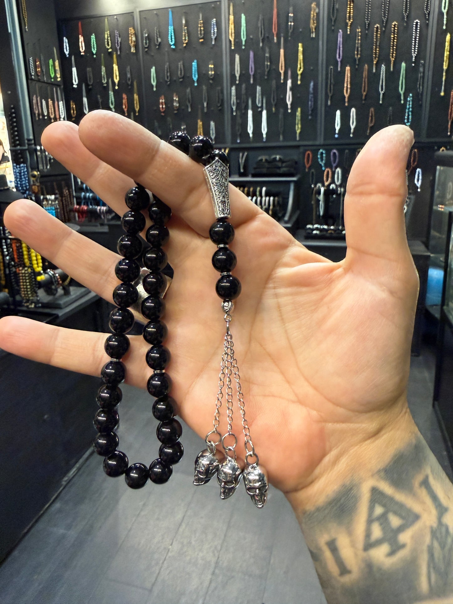 Obsidian and Stainless Steel Skulls 33 Bead Worry Beads