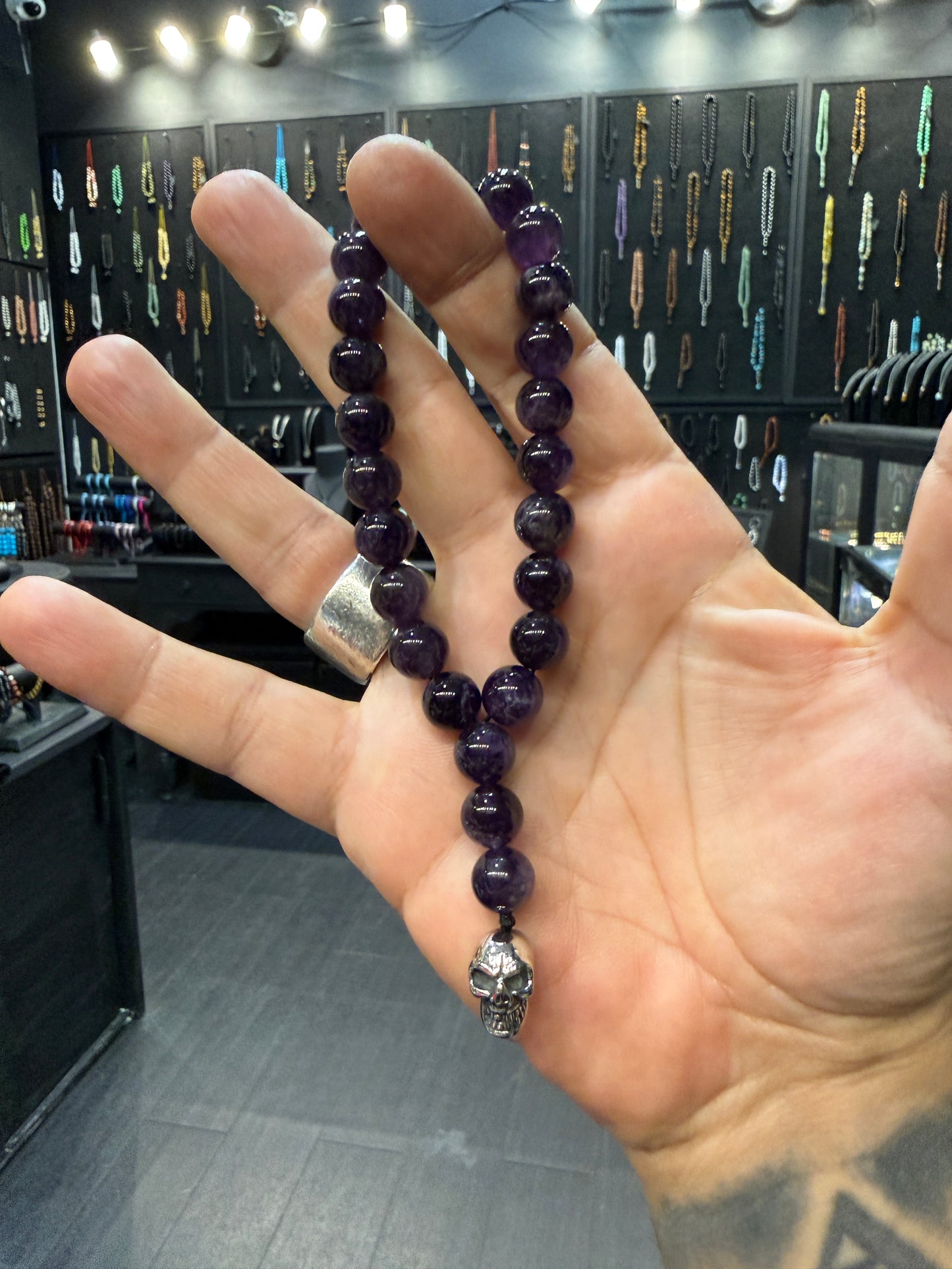 Amethyst & Stainless Steel Skull Worry Beads