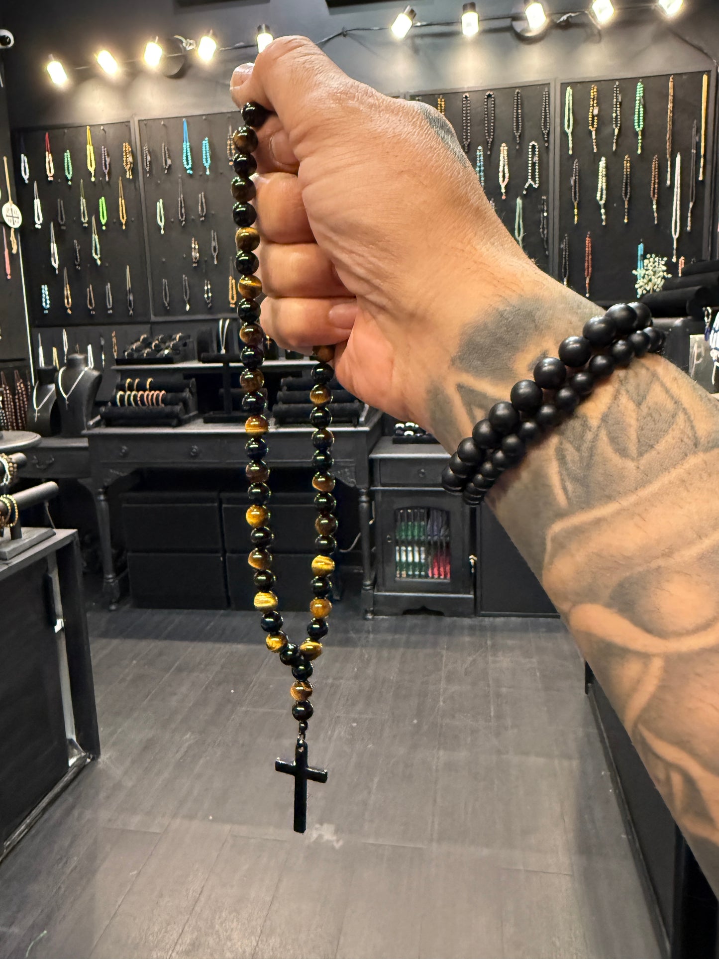 Onyx & Tigers Eye 50 Bead Orthodox Prayer Beads with Stainless Steel Cross