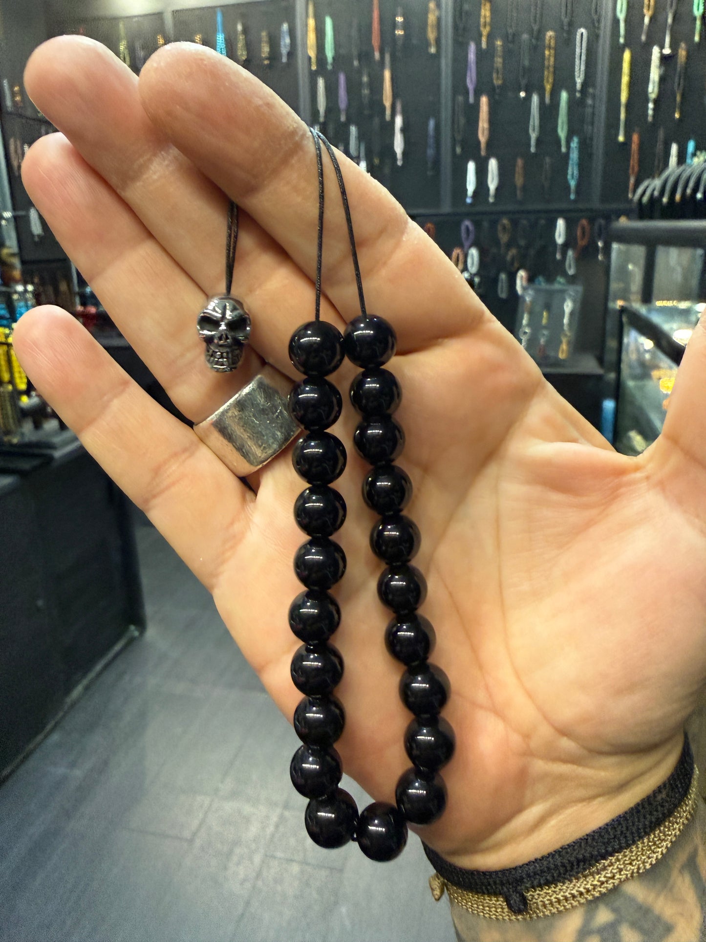 Obsidian 21 Bead Komboloi w/Stainless Steel Skull