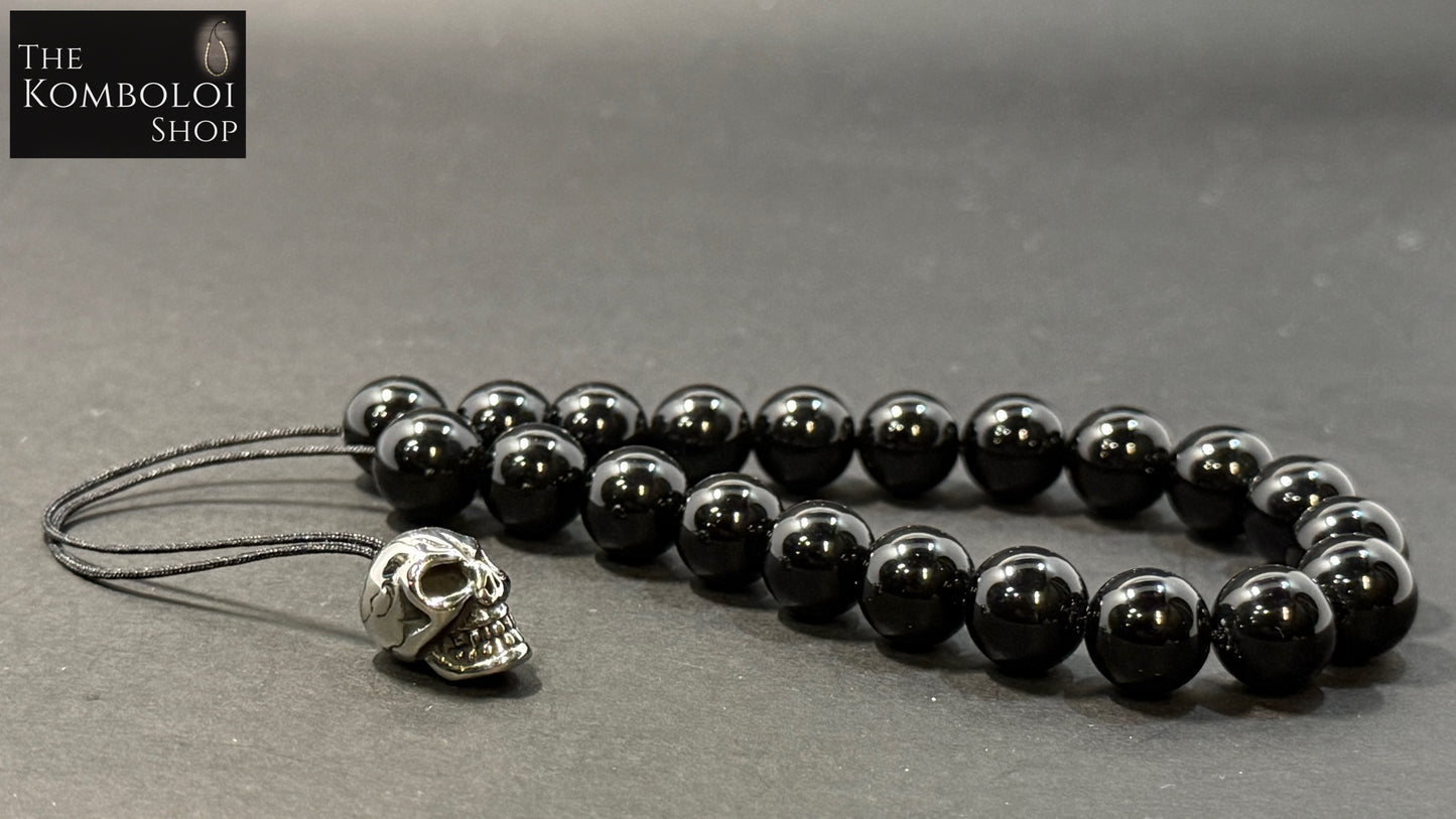 Obsidian 21 Bead Komboloi w/Stainless Steel Skull