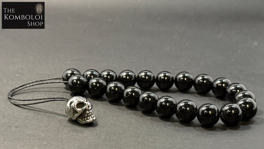 Obsidian 21 Bead Komboloi w/Stainless Steel Skull