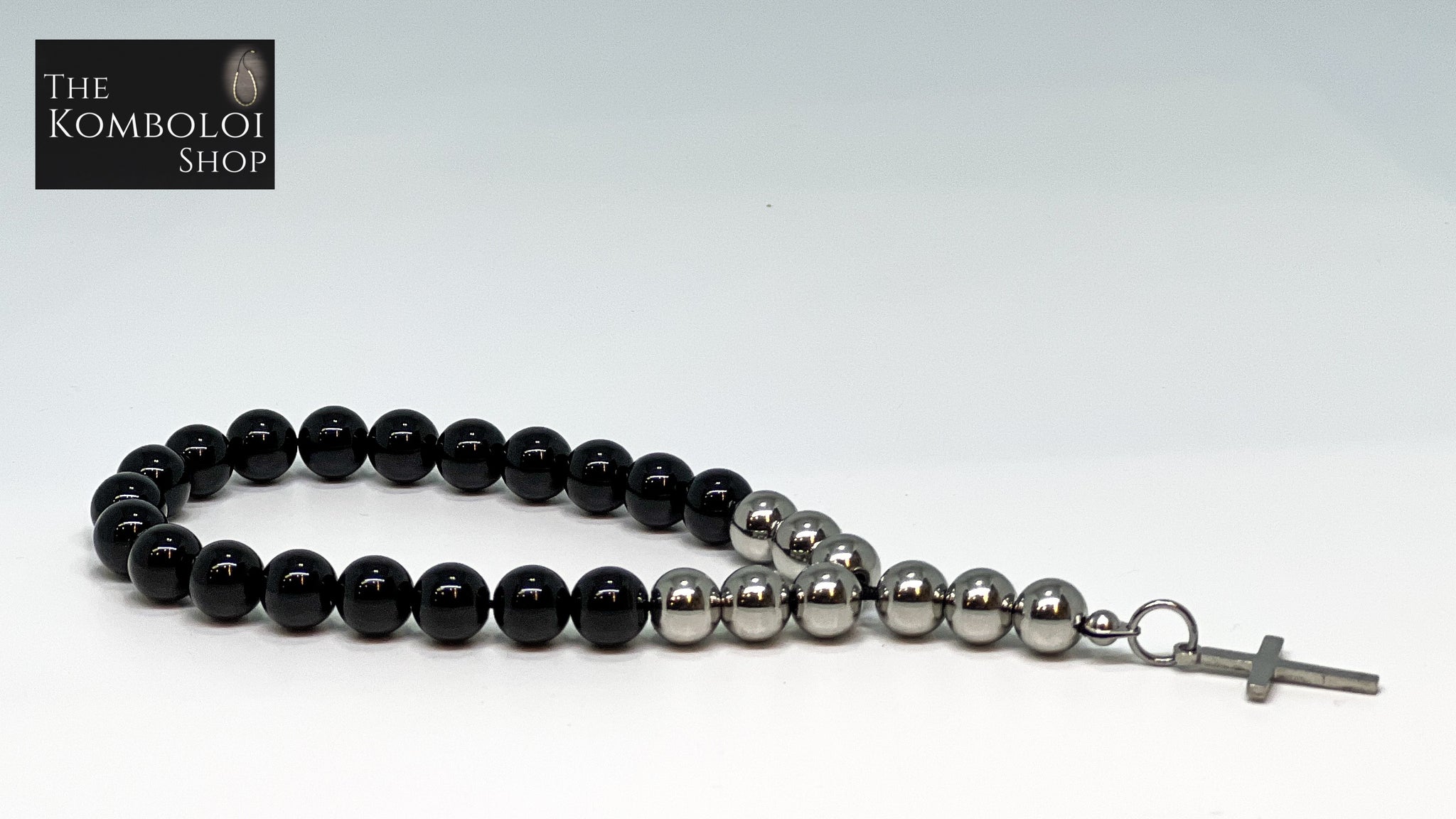 Onyx & Stainless Steel Worry Beads with Stainless Steel Skull