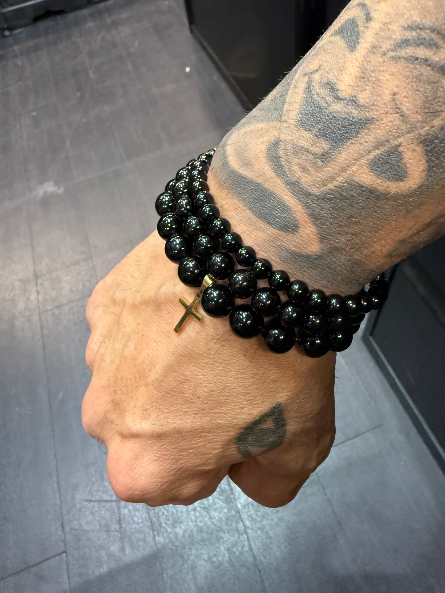 Onyx Triple Bracelet Stack w/Stainless Steel Cross