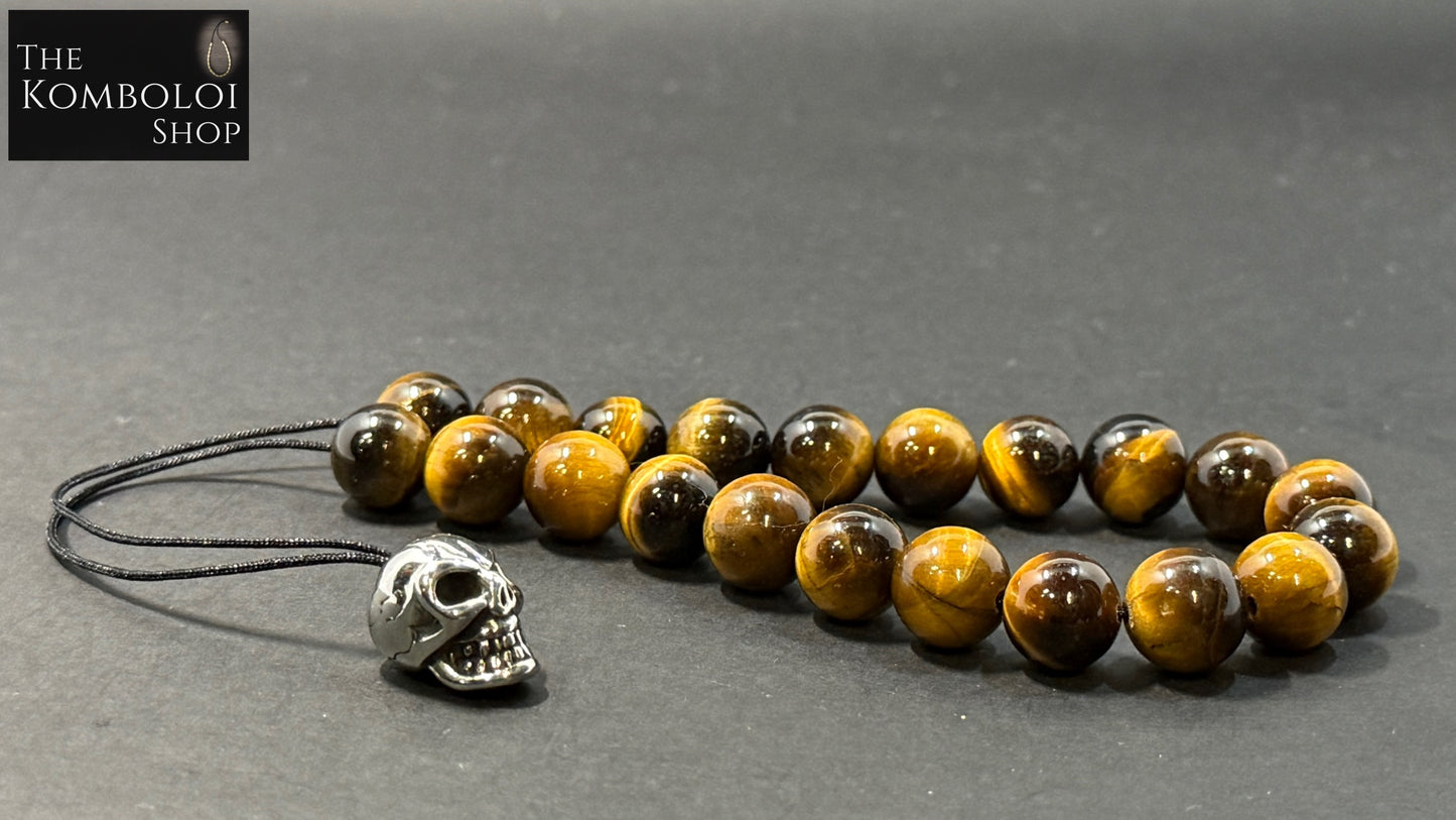 Tigers Eye 21 Bead Komboloi w/Stainless Steel Skull