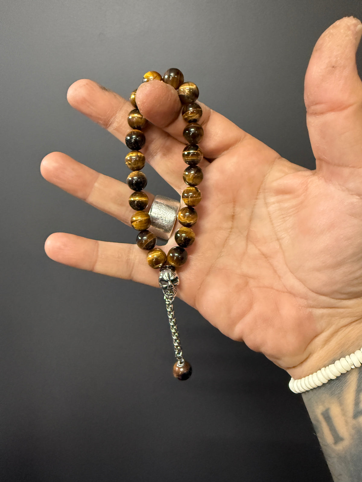 Tigers Eye Worry Beads with Stainless Steel Skull