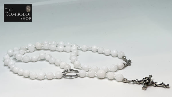 Five Decade Rosary Bead Necklace - White Jade