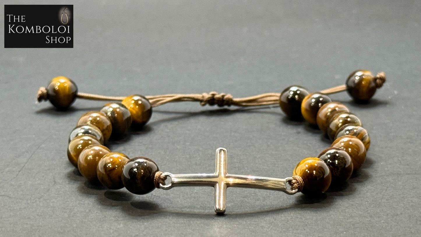Tigers Eye & Stainless Steel Cross Protection Bracelet