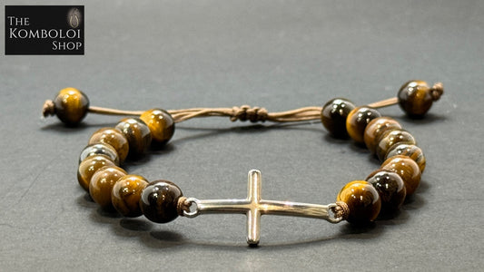 Tigers Eye & Stainless Steel Cross Protection Bracelet