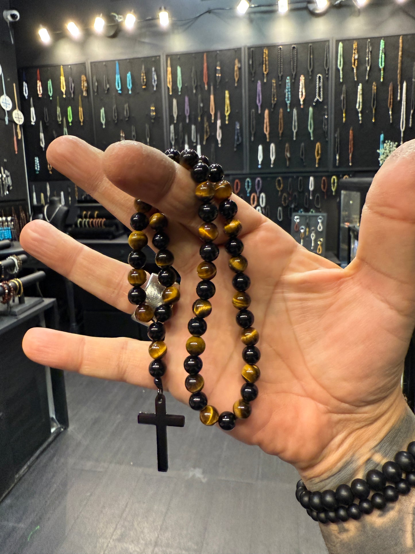 Onyx & Tigers Eye 50 Bead Orthodox Prayer Beads with Stainless Steel Cross