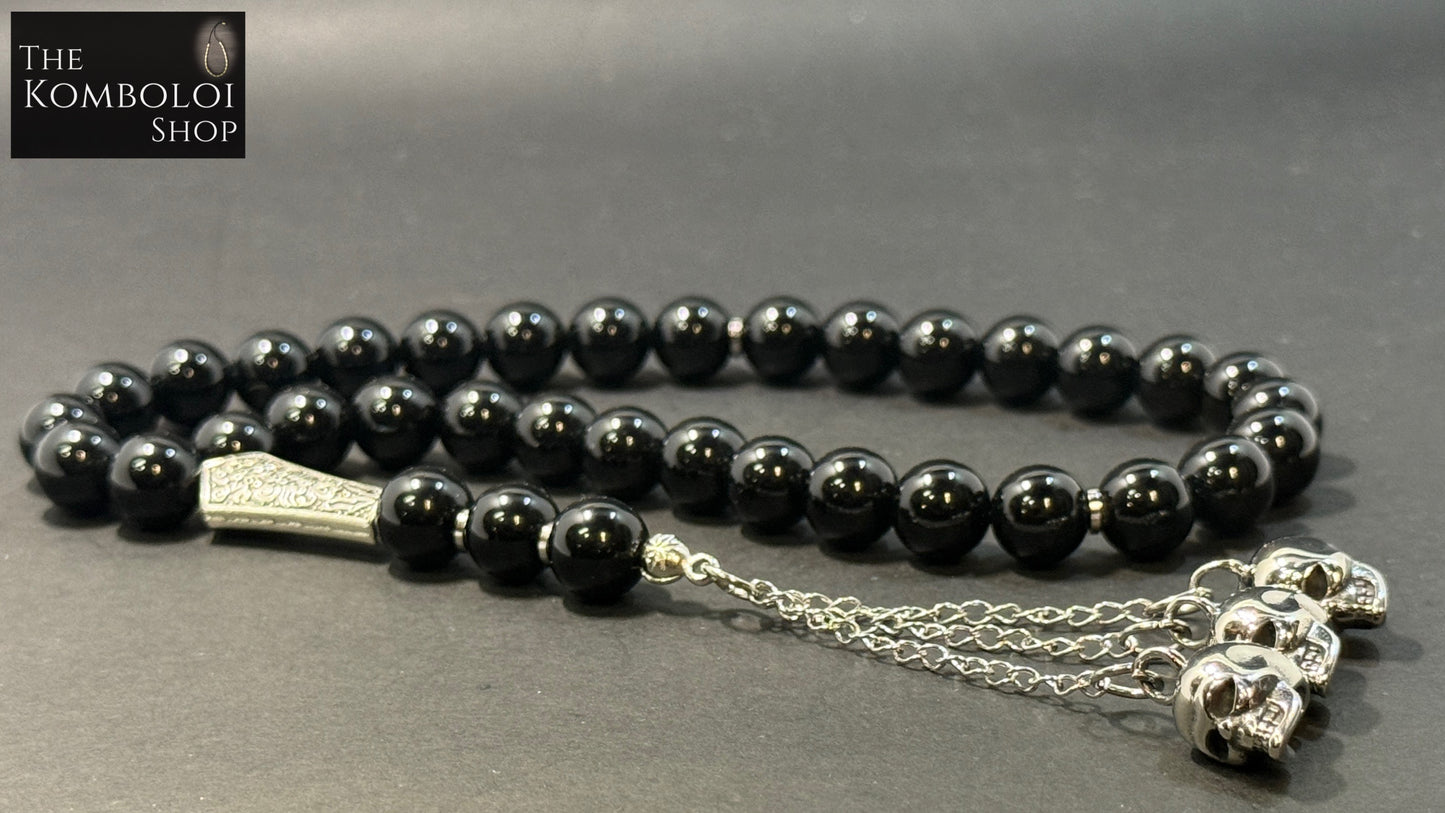 Obsidian and Stainless Steel Skulls 33 Bead Worry Beads