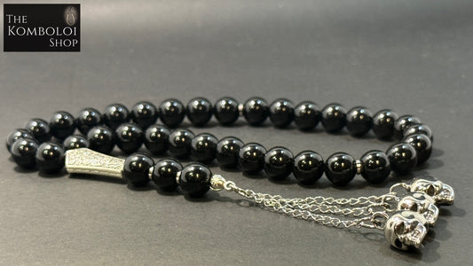 Obsidian and Stainless Steel Skulls 33 Bead Worry Beads