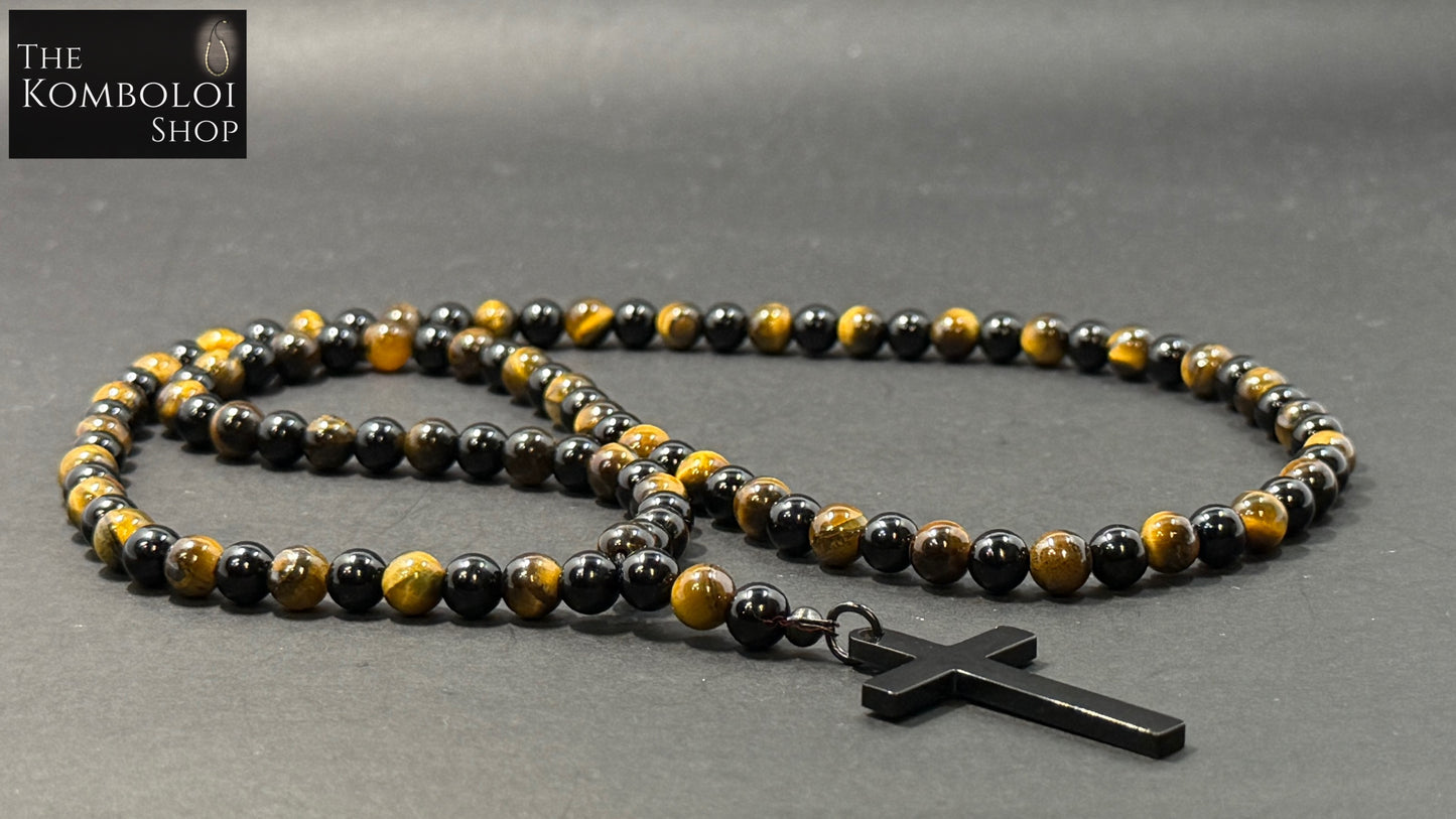 Onyx & Tigers Eye 100 Bead Orthodox Prayer Beads with Stainless Steel Cross