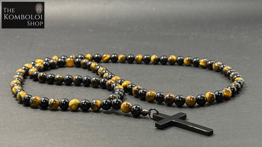 Onyx & Tigers Eye 100 Bead Orthodox Prayer Beads with Stainless Steel Cross