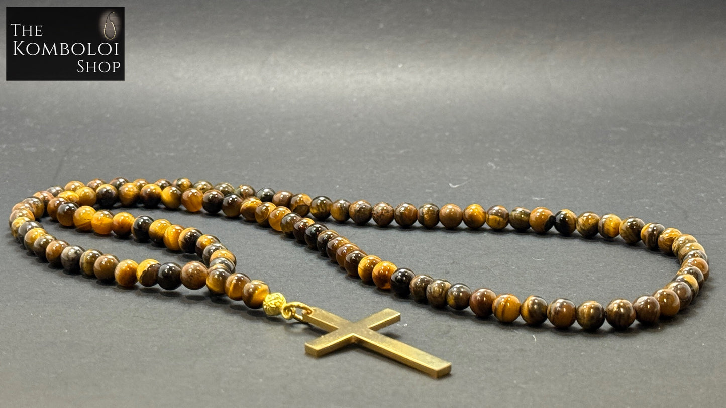 Tigers Eye 100 Bead Orthodox Prayer Beads with Stainless Steel Cross