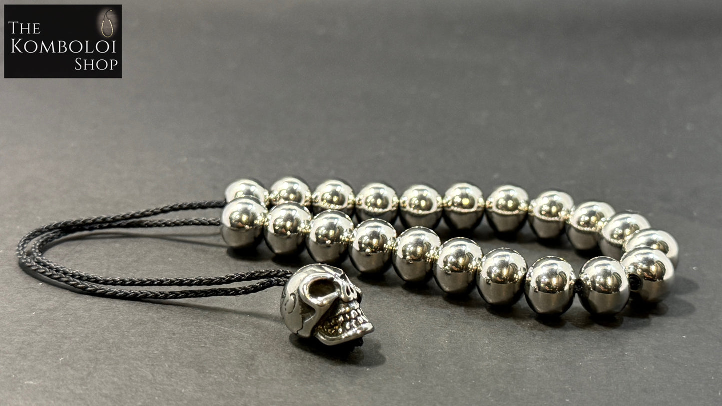 Stainless Steel 21 Bead Komboloi w/Stainless Steel Skull