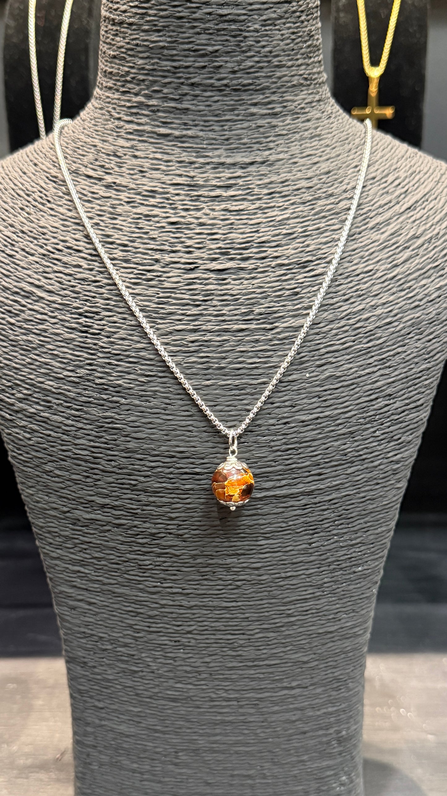 Mosaic Baltic Amber & Stainless Steel Necklace