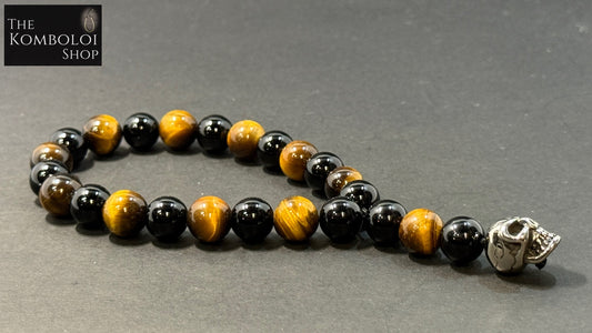 Onyx & Tigers Eye & Stainless Steel Skull Worry Beads