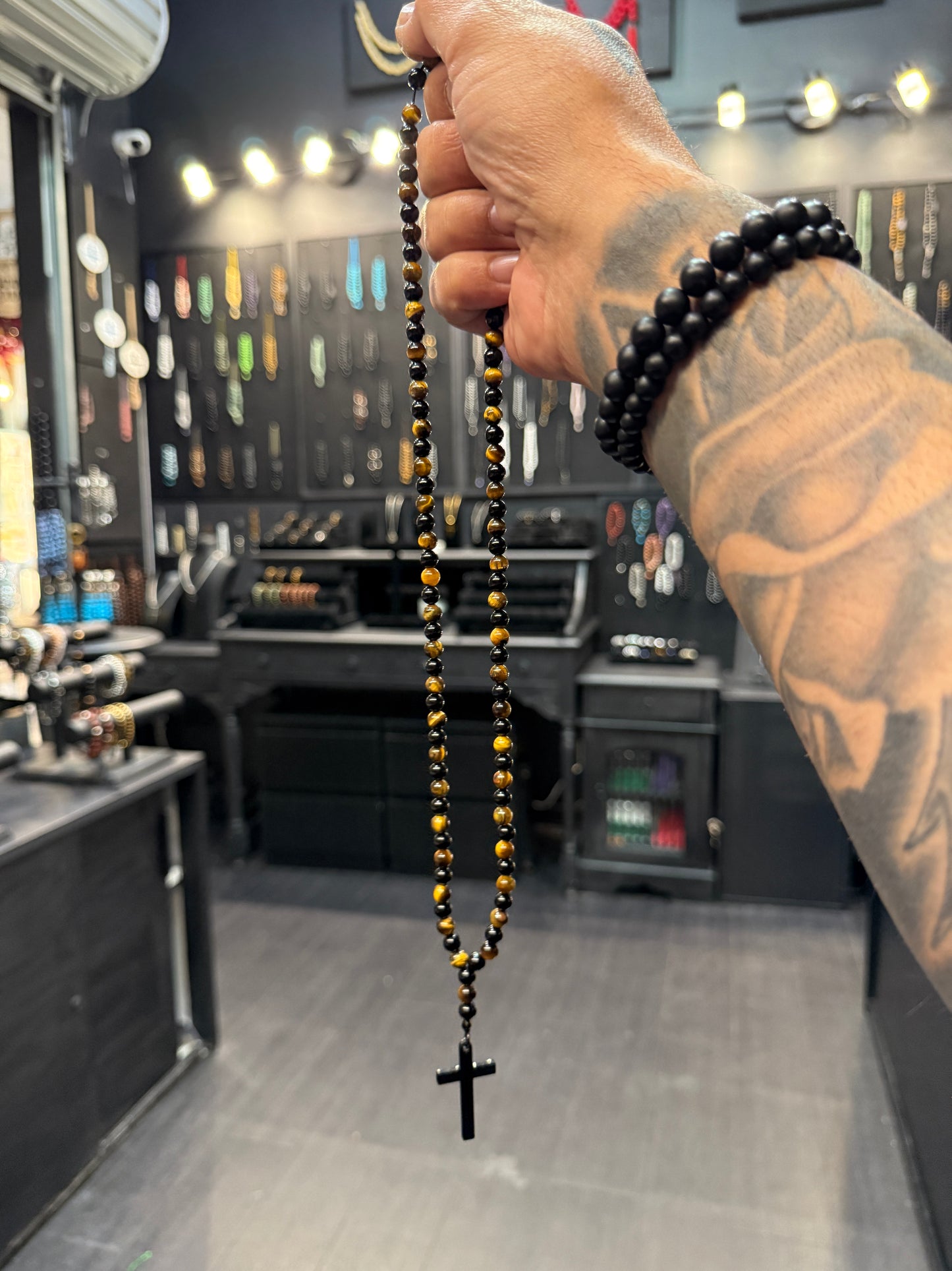 Onyx & Tigers Eye 100 Bead Orthodox Prayer Beads with Stainless Steel Cross