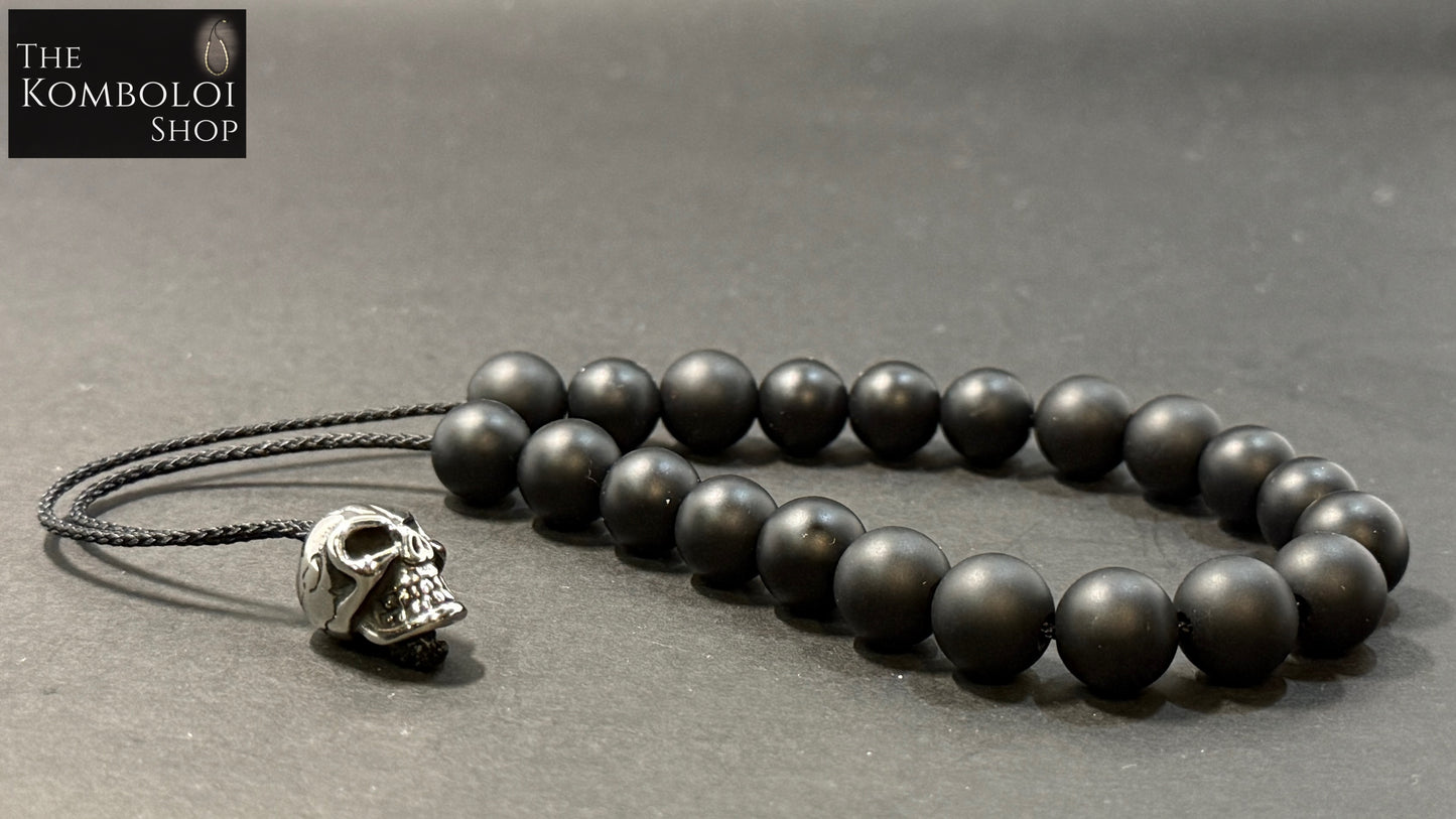 Matte Onyx 21 Bead Komboloi w/Stainless Steel Skull