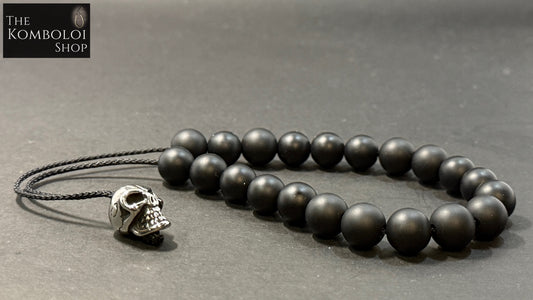 Matte Onyx 21 Bead Komboloi w/Stainless Steel Skull