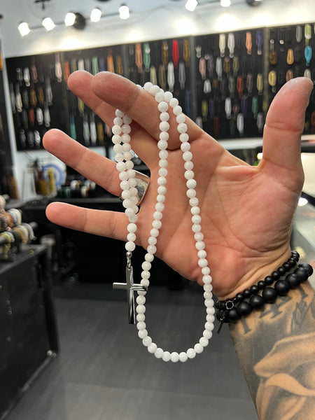 White Jade 100 Bead Orthodox Prayer Beads with Stainless Steel Cross