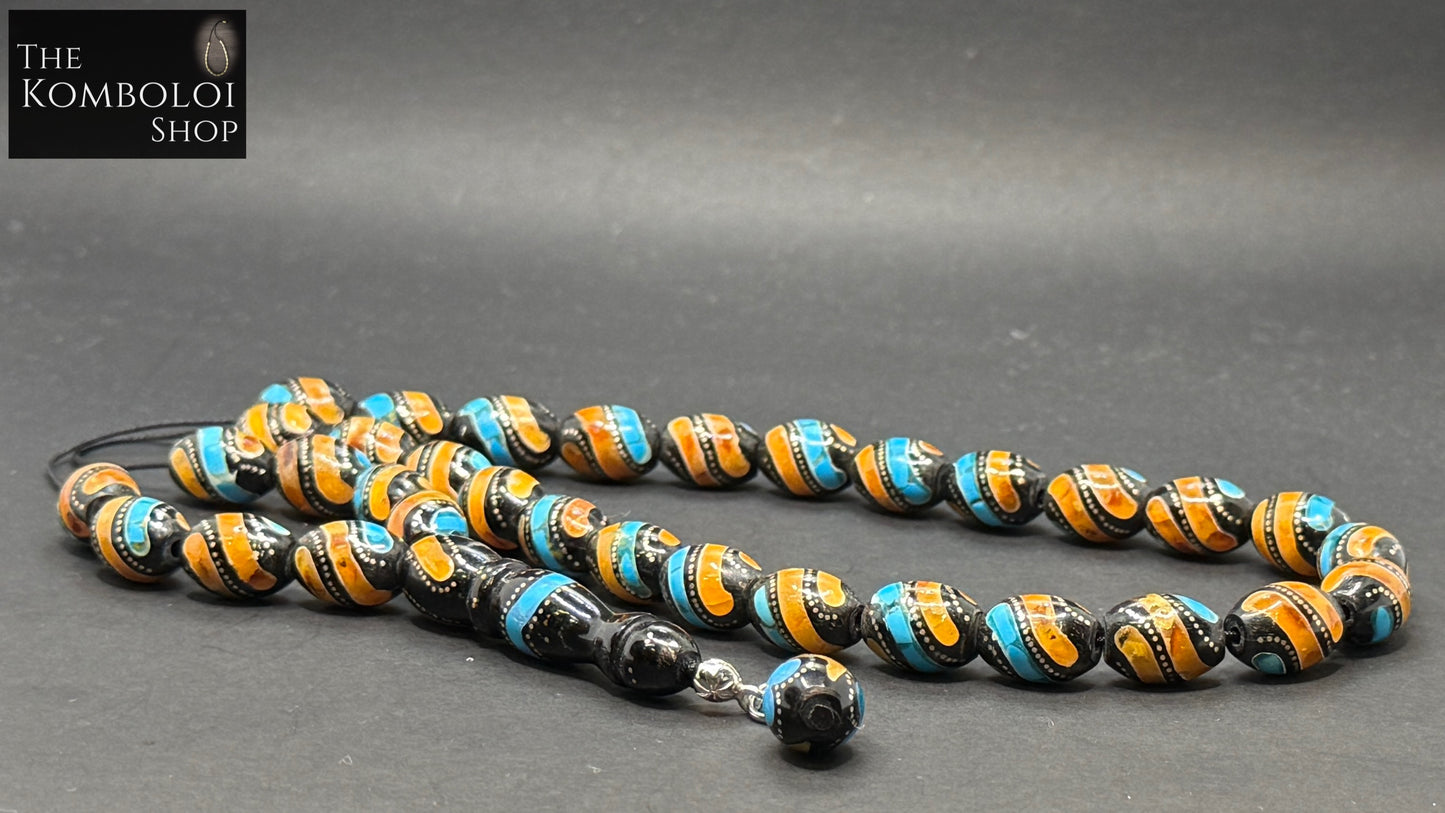 Yusuri Komboloi (Black Coral with Amber & Turquoise Inlay)