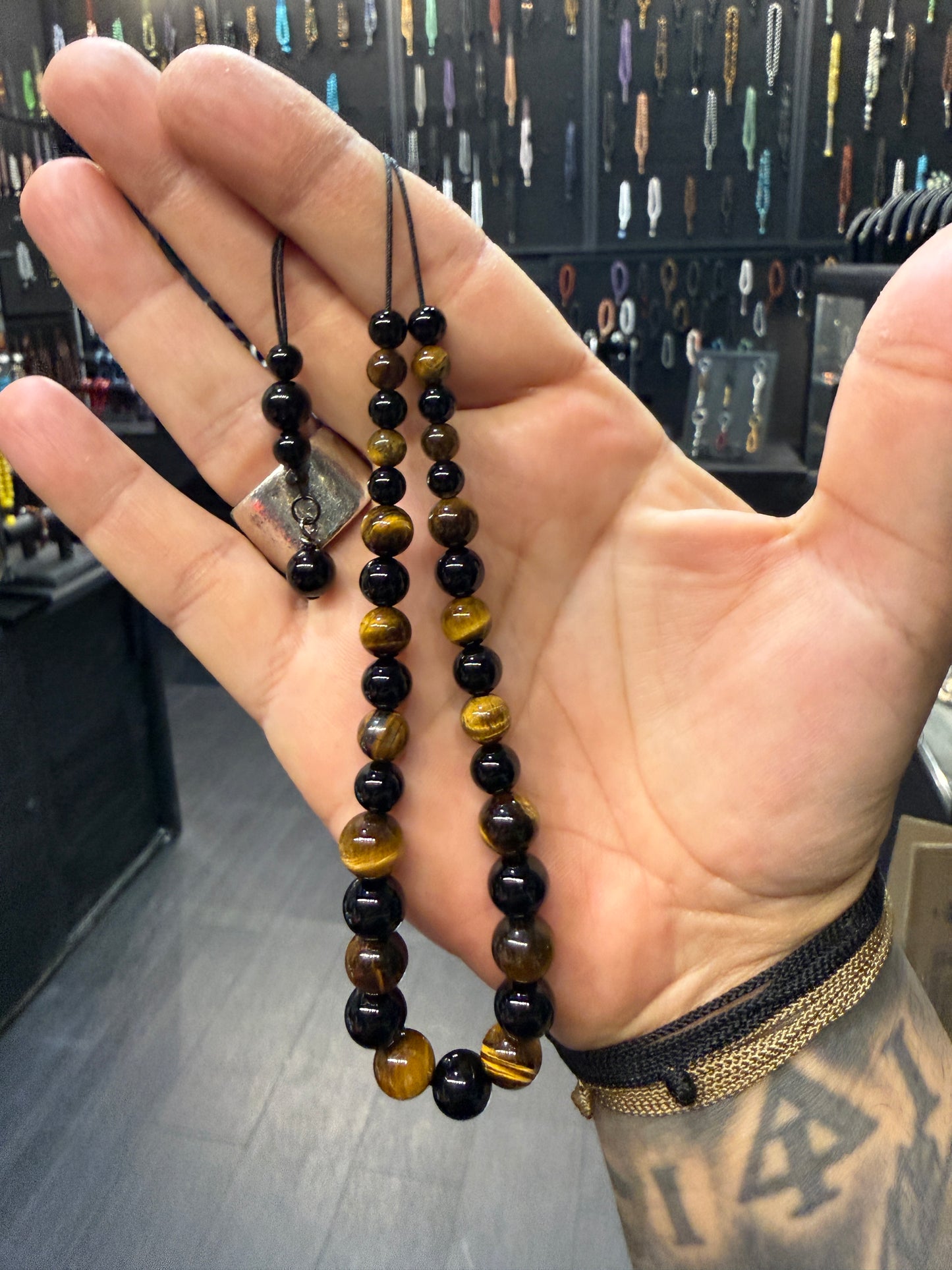Onyx & Tigers Eye Cascading 33 Bead Komboloi
