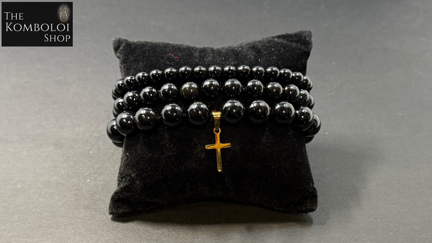 Onyx Triple Bracelet Stack w/Stainless Steel Cross