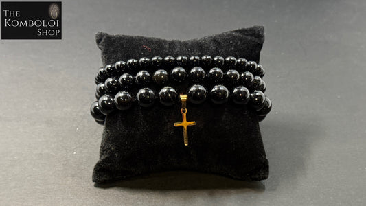 Onyx Triple Bracelet Stack w/Stainless Steel Cross