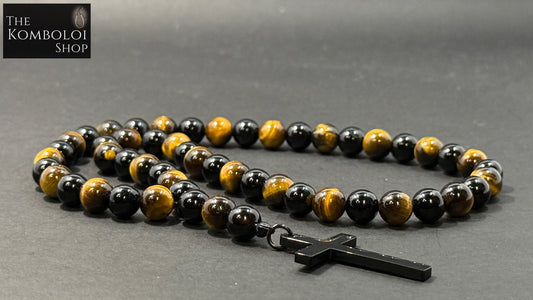 Onyx & Tigers Eye 50 Bead Orthodox Prayer Beads with Stainless Steel Cross