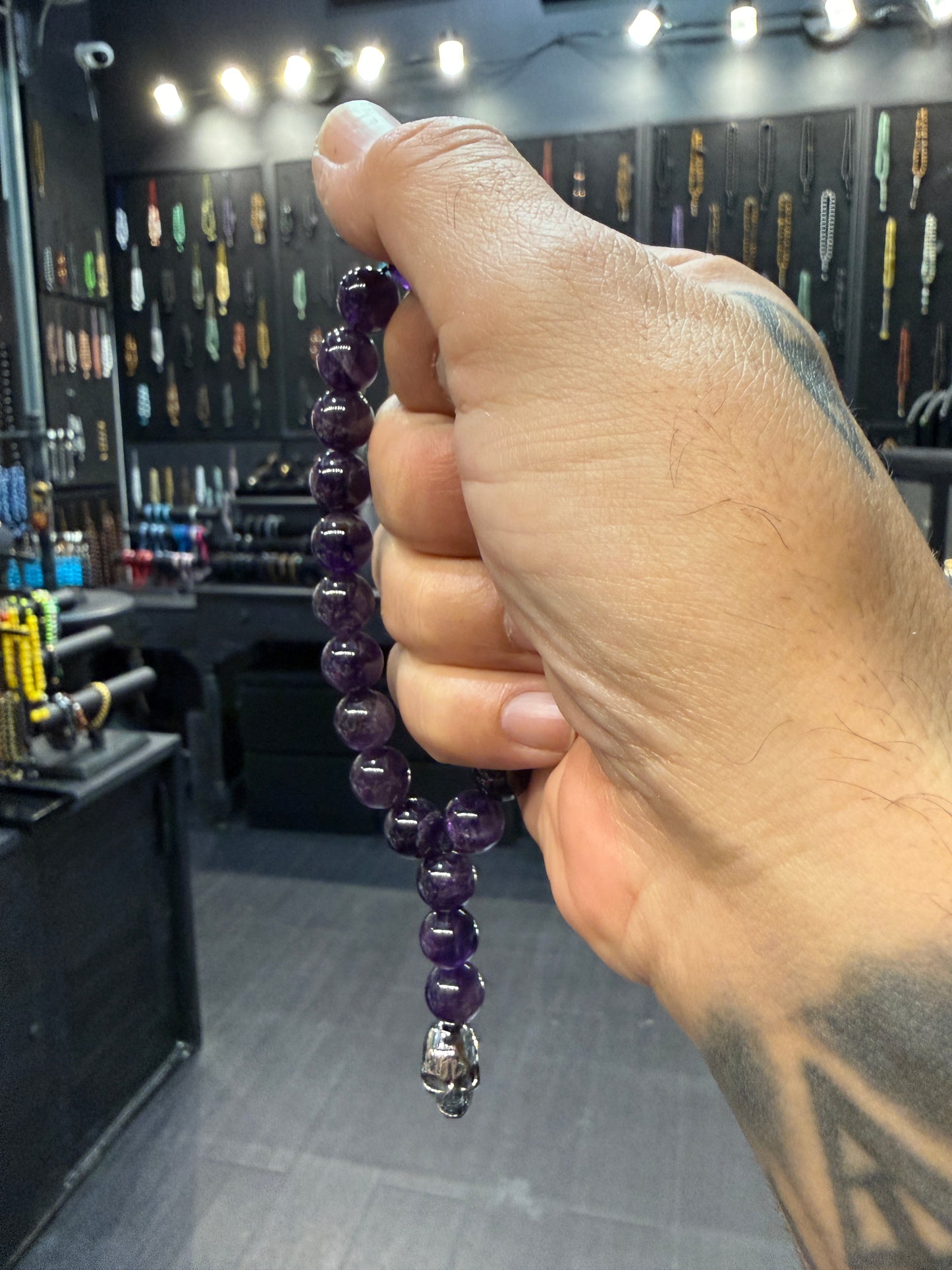 Amethyst & Stainless Steel Skull Worry Beads