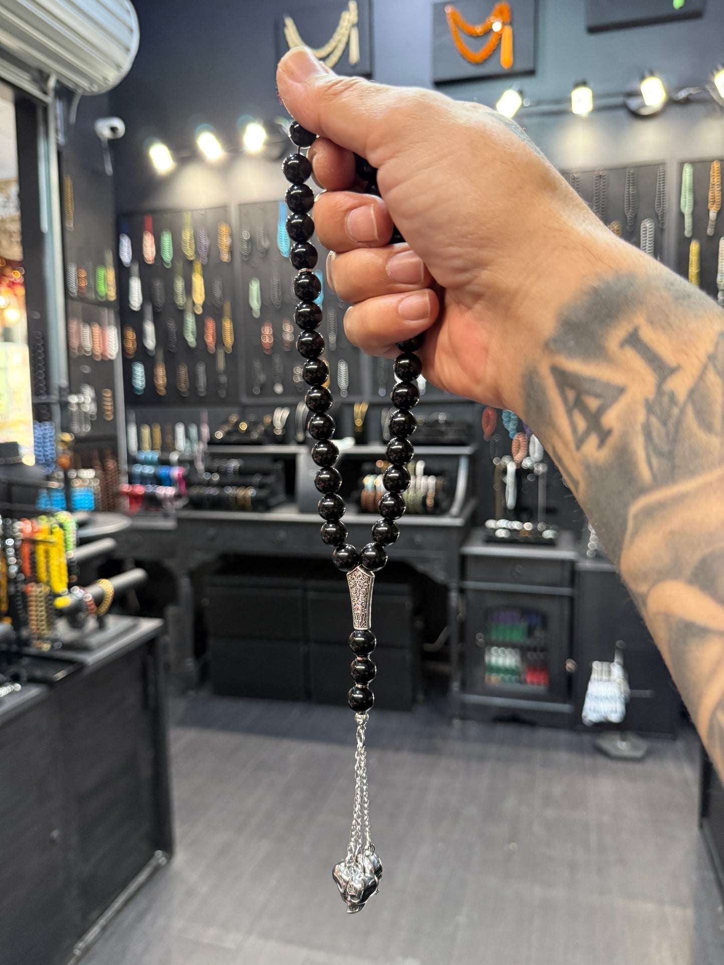 Obsidian and Stainless Steel Skulls 33 Bead Worry Beads