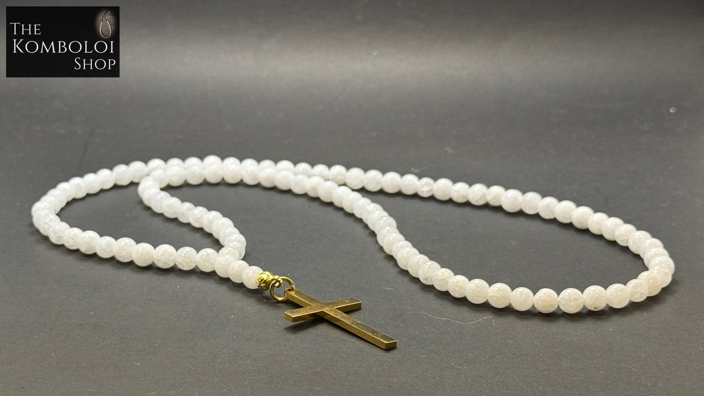 White Jade 100 Bead Orthodox Prayer Beads with Stainless Steel Cross