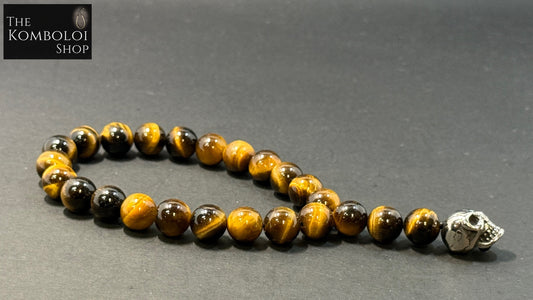 Tigers Eye & Stainless Steel Skull Worry Beads