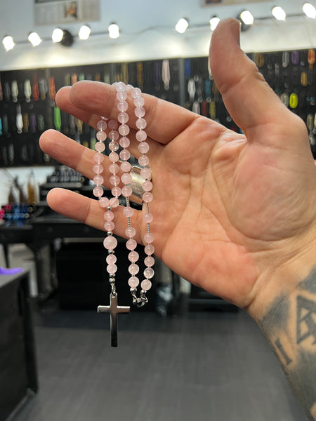 Five Decade Rosary Bead Necklace - Rose Quartz