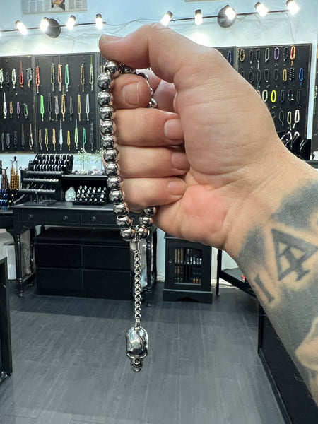 Stainless Steel Hand Held Worry Beads with Oversized Skull