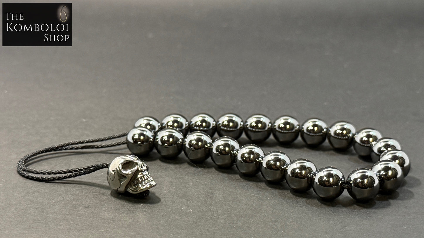 Hematite 21 Bead Komboloi w/Stainless Steel Skull