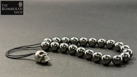Hematite 21 Bead Komboloi w/Stainless Steel Skull