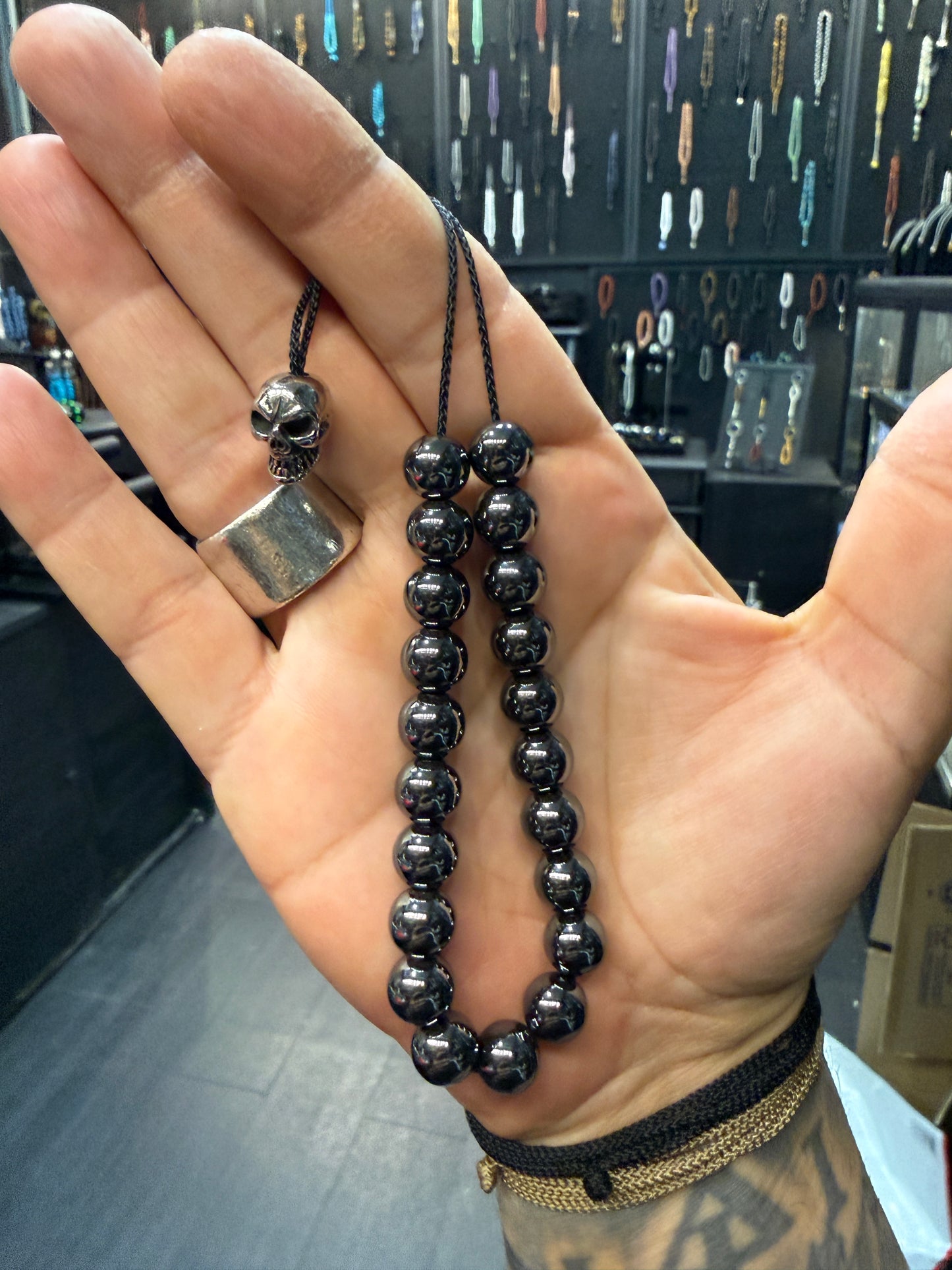 Hematite 21 Bead Komboloi w/Stainless Steel Skull