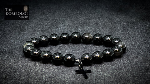 Obsidian with Stainless Steel Cross Bracelet