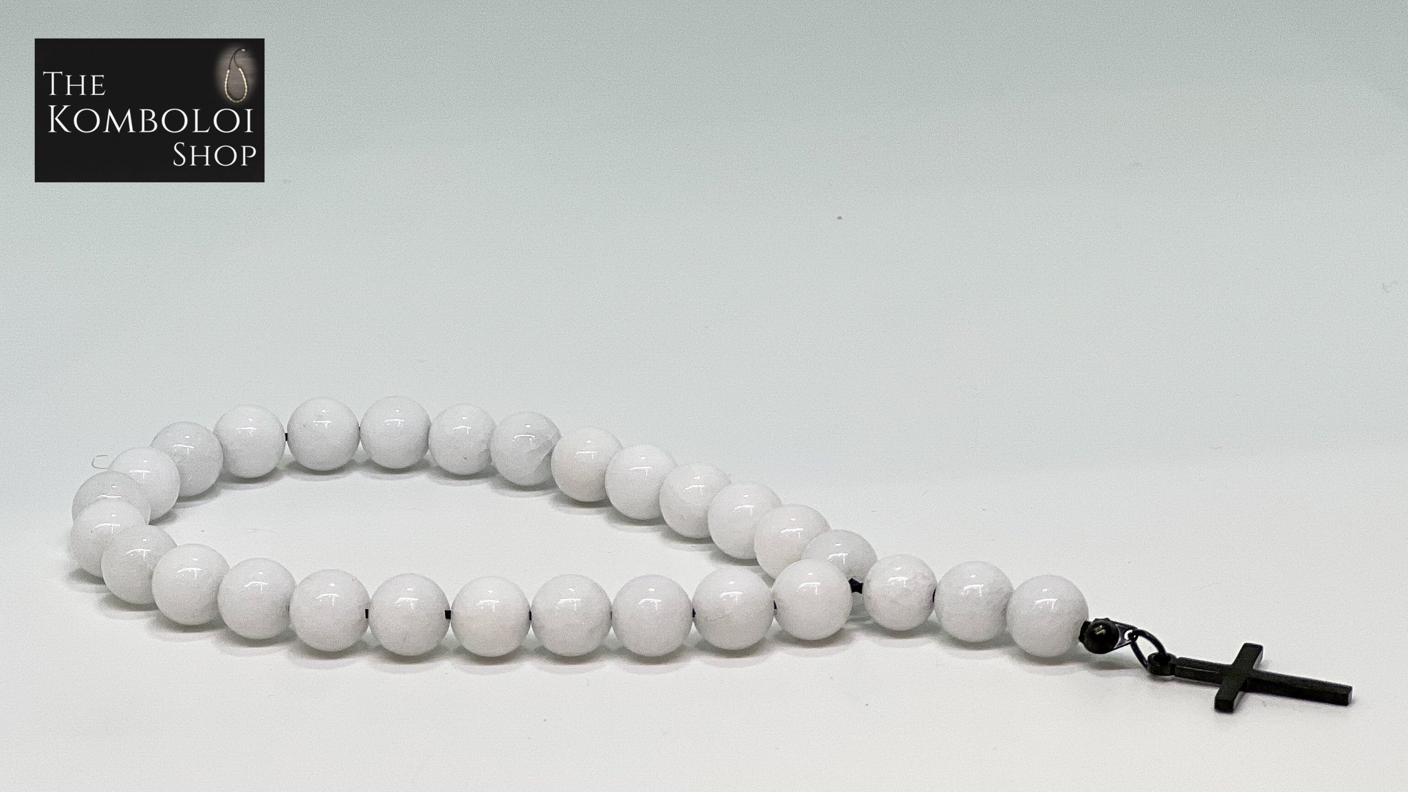 White Jade Worry Beads with Stainless Steel Cross