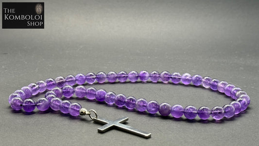 Amethyst 50 Bead Orthodox Prayer Beads with Stainless Steel Cross